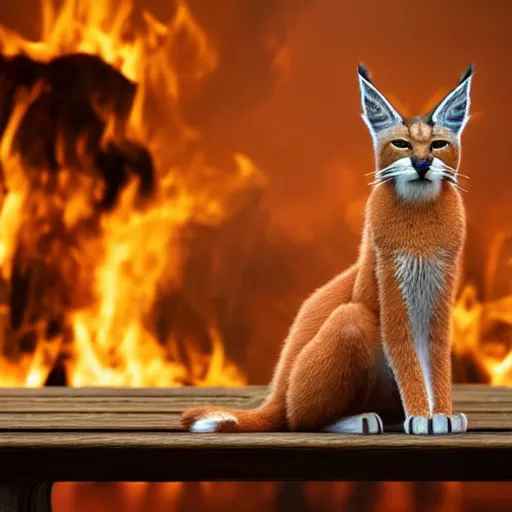 Image similar to wide-angle photo of cute caracal sitting on a wooden chair in a room, flames of fire at background, octane render, 3d, 8k , hd, studio light