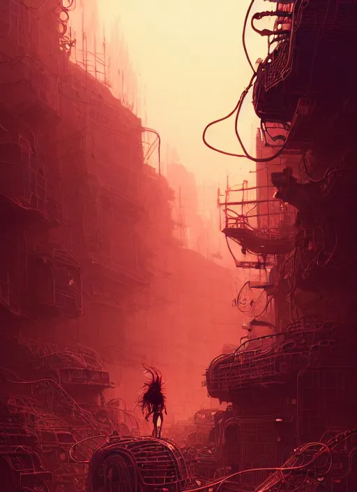 Image similar to highly detailed portrait of wasteland punk long curly fire hair tribal lady, stray wiring by atey ghailan, james gilleard, by joe fenton, by greg rutkowski, by greg tocchini, by kaethe butcher, 4 k resolution, gradient red, orange, black and white color scheme!!! ( ( flaming robotic dystopian city spiral background ) )