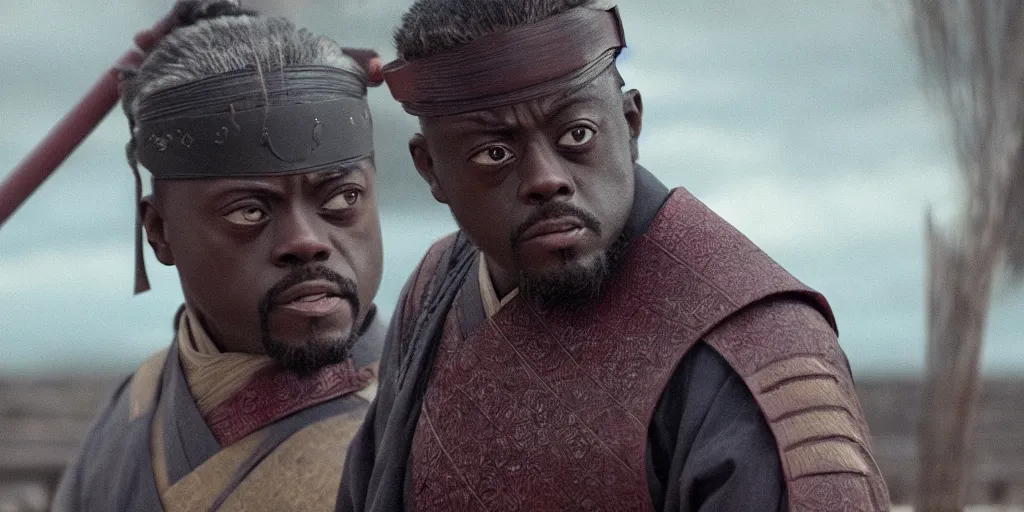 Image similar to a film still of daniel kaluuya starring as a japanese samurai in a japanese blockbuster film, shallow depth of field, cinematic, award winning cgi, vfx, film still