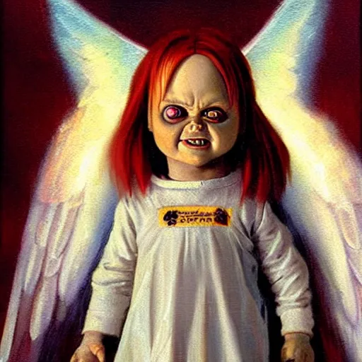 Prompt: the doll chucky as an angel described in the bible, oil painting, by greg rutkowski