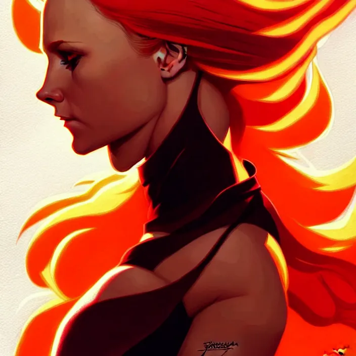 Prompt: style artgerm, joshua middleton, beautiful kristen bell with dark red dress, very long orange hair, symmetrical face, symmetrical eyes, fire powers fire swirling, detailed, volcano setting, cinematic lighting