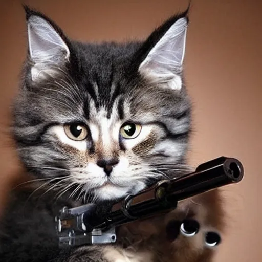 Image similar to cute fluffy cat with gatling gun