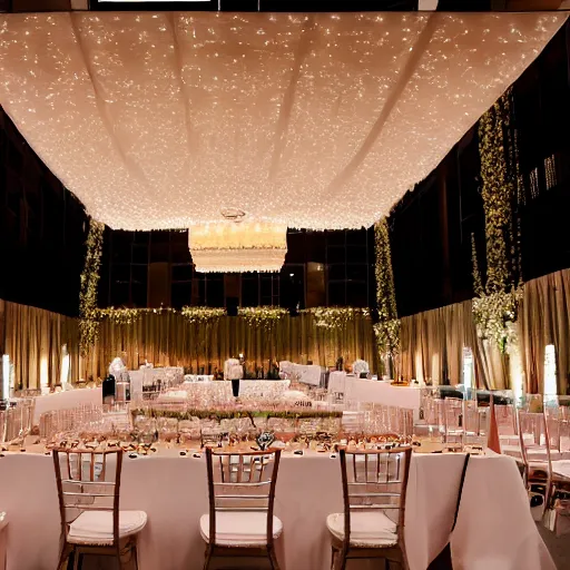 Image similar to large convention centre room decorated for a wedding reception, ceiling swagging, fairy lights, symmetrical lighting design, interior design by Wes Andersson