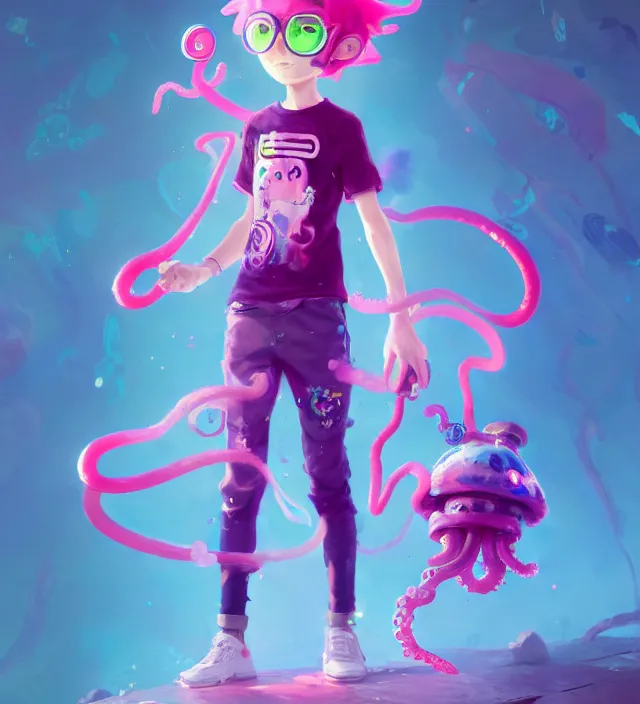 Image similar to a beautiful fullbody portrait of a cute splatoon anime boy with pink tentacle hair wearing tshirt leggings under shorts. character design by cory loftis, fenghua zhong, ryohei hase, ismail inceoglu and ruan jia. artstation, volumetric light, detailed, photorealistic, fantasy, rendered in octane