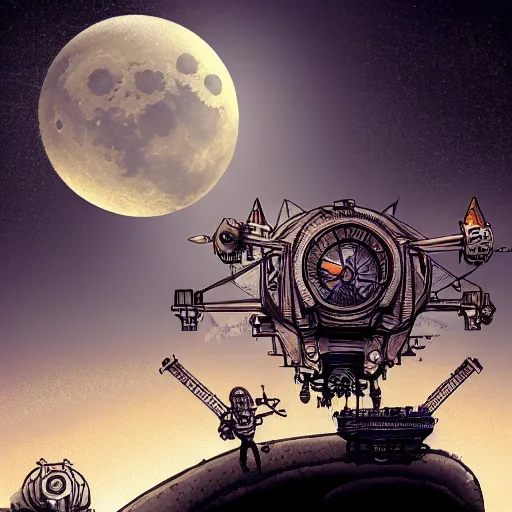 Image similar to an illustration of a mechanical moon against a black sky, steampunk, trending on artstation