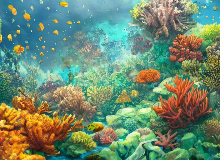 Image similar to overgrown foliage overtaking favela, underwater, colorful coral reef, scenery, professional, award - winning, trending on artstation, detailed, realistic, beautiful, emotional, shiny, golden, picture