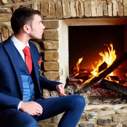 Prompt: man in a waistcoat staring at a log fire jelious girlfriend nikon