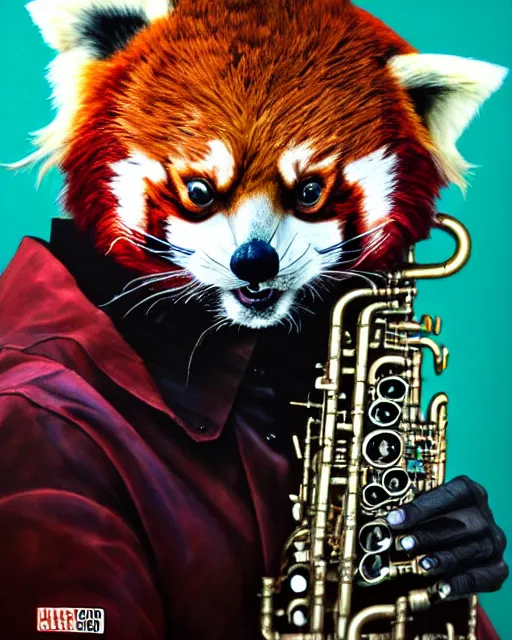 Prompt: a portrait of an anthropomorphic cyberpunk single red panda wailing on the saxophone by sandra chevrier, by jon foster, detailed render, tape deck, epic composition, cybernetics, 4 k realistic, cryengine, realistic shaded lighting, sharp focus, masterpiece, by enki bilal