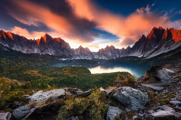 Prompt: beautiful landscape of mountains with lake and a dead tree in the foreground by Marc Adamus, sunset, dramatic sky