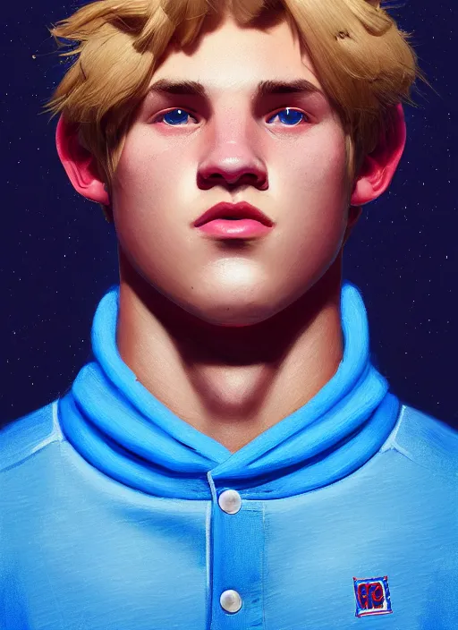 Image similar to portrait of high school senior boy named big moose, blonde short hair, jock, beefy, wide face, square jaw, square facial structure, blue varsity jacket with letter r, intricate, elegant, glowing lights, highly detailed, digital painting, artstation, concept art, sharp focus, illustration, art by wlop, mars ravelo and greg rutkowski