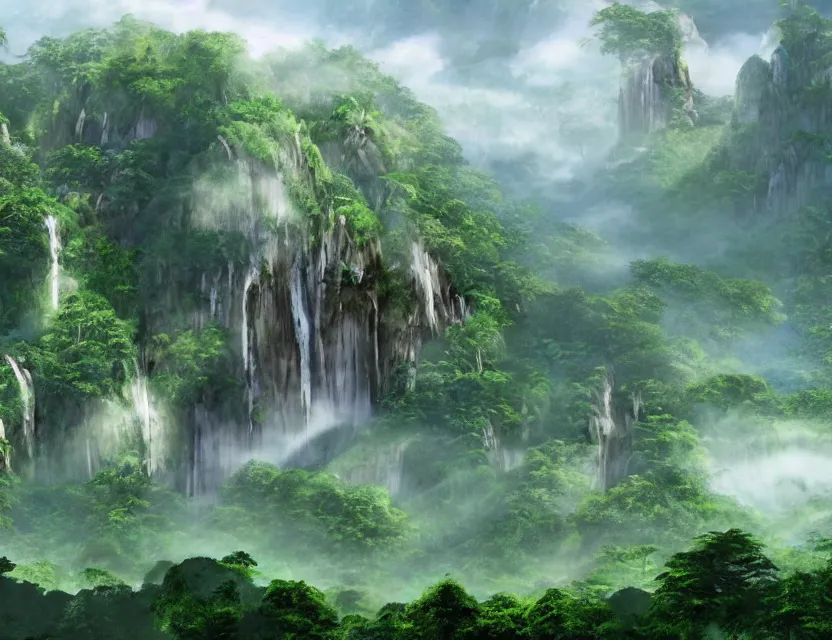 Image similar to a cinematic widescreen photo of epic ancient japanese temples with hot springs on the top of a mountain in a misty bamboo cloud forest with colossal waterfalls at dawn by lee madgewick and studio ghibli and roger dean