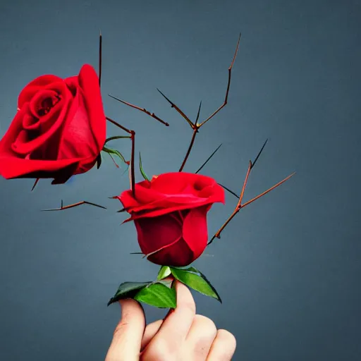 Image similar to a handpalm with a red rose growing on top of it, blended with skin, tail, thorns, leaves, photoreal