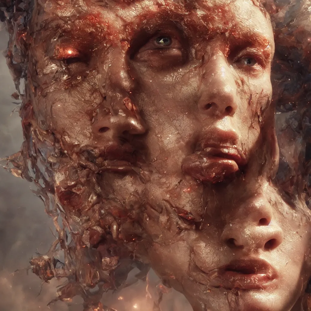 Image similar to extremely detailed cinematic movie still of fire goddess hyperreal skin face by denis villeneuve, wayne barlowe, simon birch, marc simonetti, philippe druillet, beeple bright volumetric sunlight, rich moody colors, bokeh