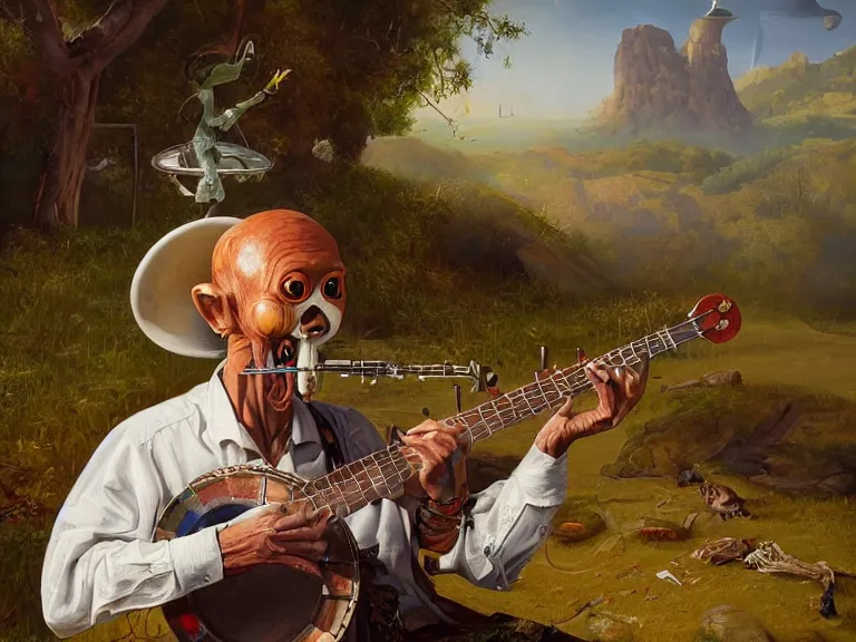 Prompt: painting of a country bumpkin alien playing a banjo, straw in his mouth, style of peter mohrbacher, high detail, hyper realistic, 8 k