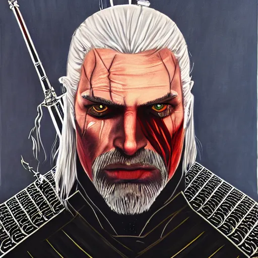 Prompt: a portrait of witcher, geralt of rivia with mordor in the background painting by elisabeth jerichau - baumann. red colors, painting, back tower, eye of sauron, oil on canvas, horizontally symmetric