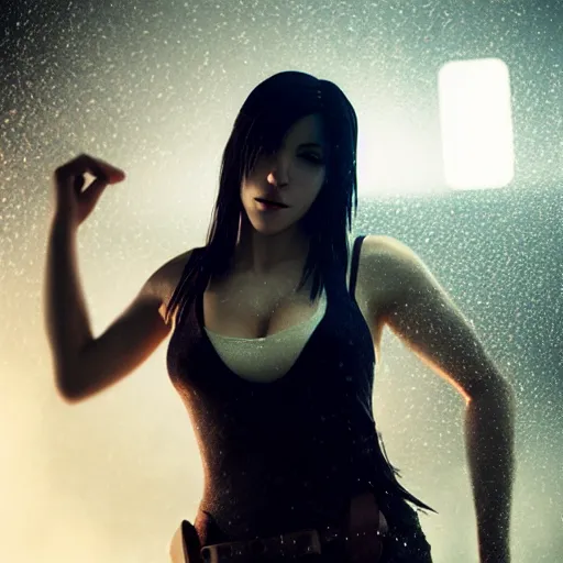 Image similar to elegant Tifa Lockhart, face centered portrait, Confident, fog, rain, volumetric lighting, beautiful, golden hour, sharp focus, ultra detailed, cgsociety by Leesha Hannigan, Ross Tran, Thierry Doizon, Kai Carpenter, Ignacio Fernández Ríos