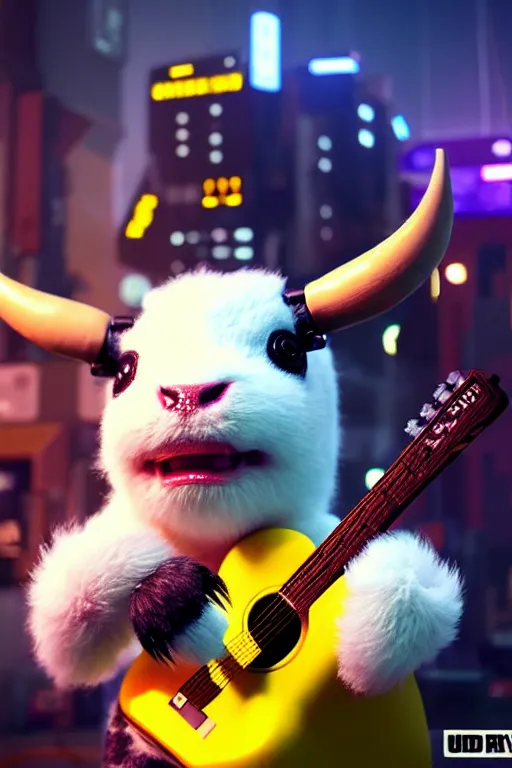 Image similar to high quality 3 d render very cute fluffy! cyborg cow plays guitar, cyberpunk highly detailed, unreal engine cinematic smooth, in the style of blade runner & detective pikachu, hannah yata charlie immer, moody light, low angle, uhd 8 k, sharp focus