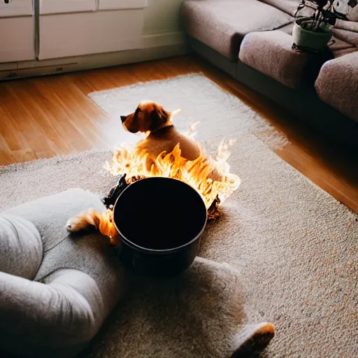 Image similar to a photo of a dog sipping tea in a living room that ’ s on fire