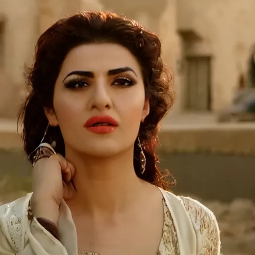 Image similar to close - up of an attractive kurdish singer in a movie directed by christopher nolan, movie still frame, promotional image, imax 7 0 mm footage