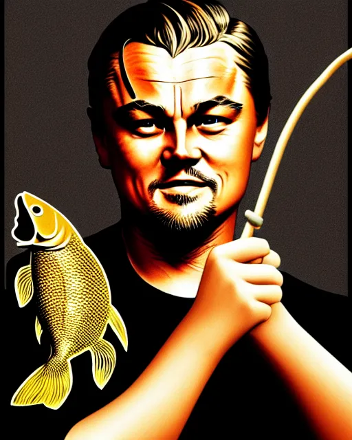 Prompt: photograph of leonardo dicaprio holding a carp in his both hands. movie poster, illustration by bartek fedyczak, erak note, tooth wu, neil richards, kan liu, siwoo kim, jisu choe, trending on art station