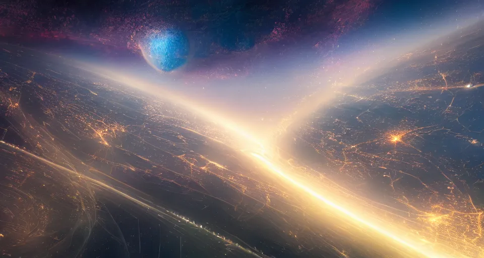 Image similar to a beautiful photograph of space city moskov city in orbit black hole, rectilinear, barometric projection, dutch angle from space view, concept art, high detail, intimidating, deep rich colors, iridescent radiance, epic scale ultrawide angle, stunning, epic, great migration, cinematic, Artstation trending, octane render, hyperrealistic, Cryengine 8k UHD