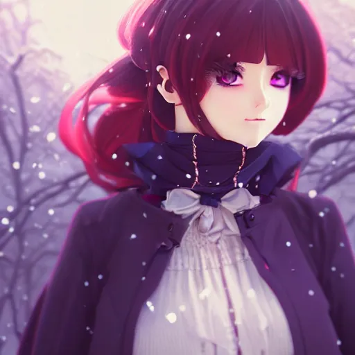 Image similar to wearing full clothing in full clothing victorian dress, beautiful anime woman, purple hair, red eyes, weapon, steampunk, symmetrical face, symmetrical eyes, full round face, short smile, detailed, winter setting, cinematic lighting, medium shot, mid - shot, makoto shinkai, artgerm, ilya kuvshinov, loish