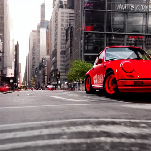 Image similar to photo of a red porsche 9 1 1 9 6 4 carrera 2 speeding through nyc, cinematic, motion blur