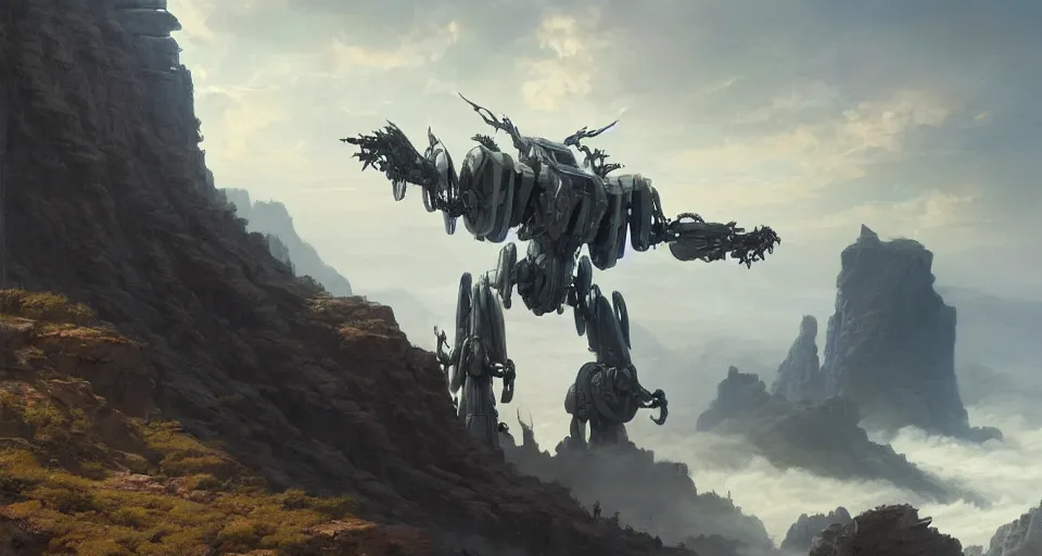 Image similar to hyper realistic sci - fi matte concept art painting of mecha on a cliff overlooking a raging battle, beautiful details, strong composition painted by kim jung guweta studio rutkowski, james gurney and greg rutkowski, and lucasfilm, smooth, intricate, detailed, sharp focus, cinematic