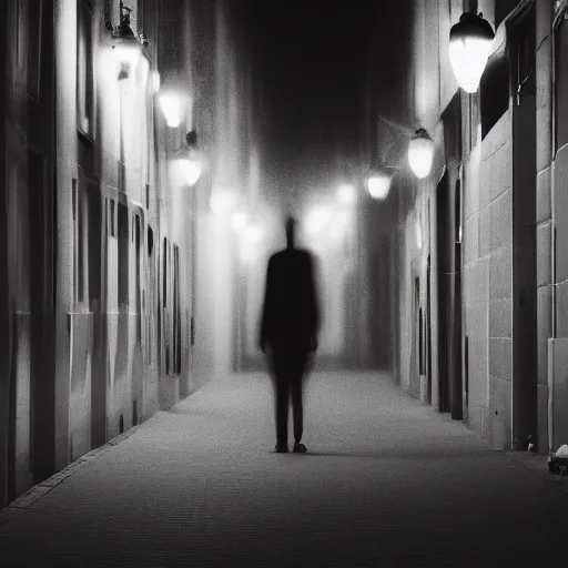 Prompt: an abstract photograph of a lonely male shadowy figure, there is a dark street with lanterns reflected on the ground, underwater, motion blur, 35 mm, black-and-white