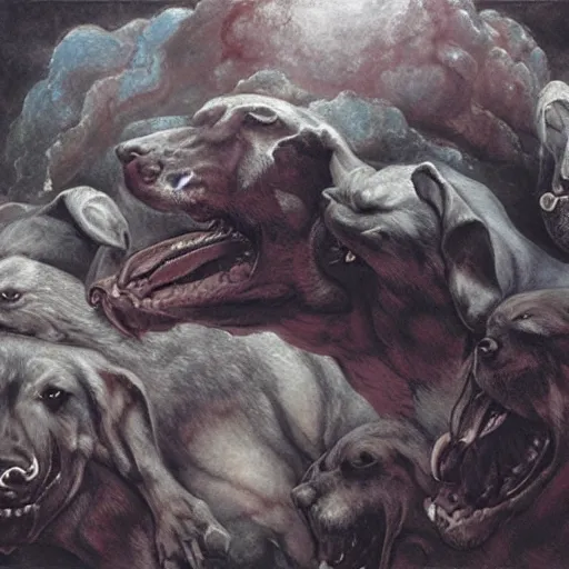 Image similar to hyperdetailed matte art of a three headed dog cerberus by william blake, greg rutkowski, amano, rene magritte, craig mullins, three headed dog cerberus, details