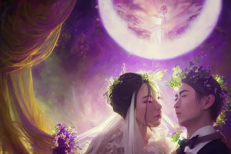 Image similar to a dreamlike cinematic portrait of wedding photograph jpeg close up moment of a divine a japan sun god and moon goddess lovers magician at a wedding banquet. portraiture. digital painting. artstation. concept art. fantasy wedding photo. digital painting, 8 k realistic, hyper detailed, violet evergarden art masterpiece by art by krenz cushart