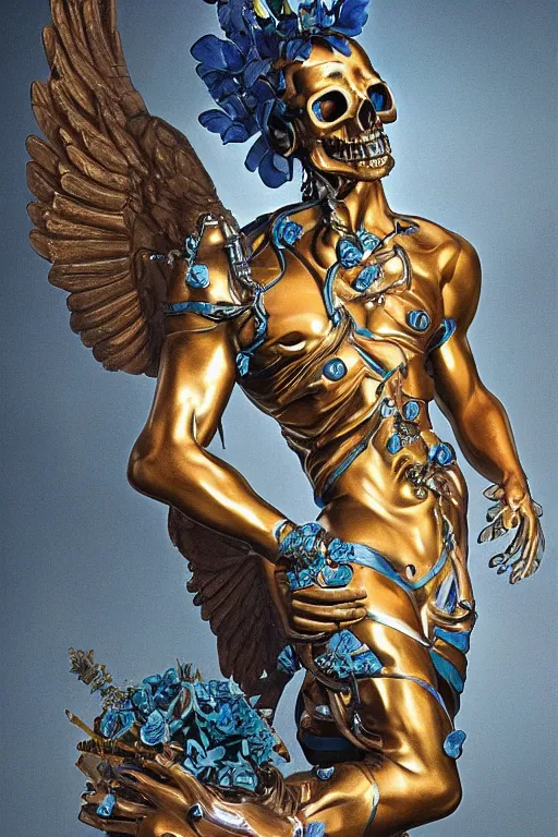 Image similar to a young handsome Spanish metal android with a large glowing battery in the center of his chest in a full-body bronze cyberpunk style statue of Icarus with glowing blue eyes, crown of peach roses, flowing teal-colored silk, fabric, flowers. baroque elements, human skull. full-length view. baroque element. intricate artwork by caravaggio. many many birds birds on background. Trending on artstation, octane render, cinematic lighting from the right, hyper realism, octane render, 8k, depth of field, 3D