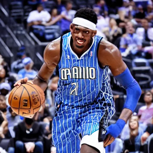 Prompt: an extremely spooky monstrous Orlando Magic basketball player