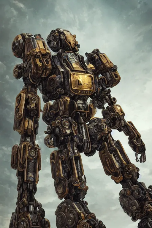 Prompt: realistic ancient mecha in a futuristic landscape designed by makoto kobayashi and luca zampriolo, portrait, cyberpunk style, wood and gold details, intricate, extremely detailed, ornate, deep of field, hard surface, exoskeleton, substance designer metal