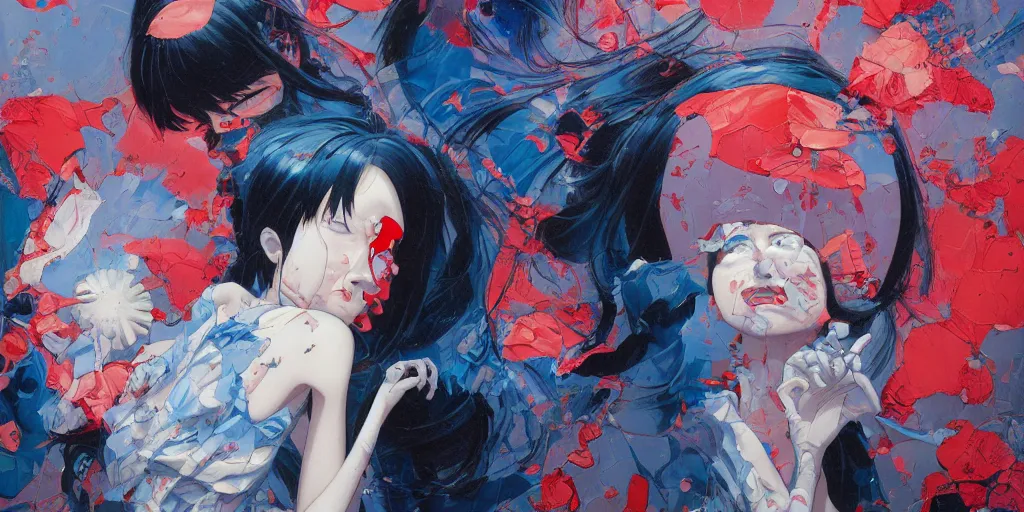 Image similar to perfect blue oil painting art by james jean and katsuhiro otomo and erik jones, inspired by akira anime, smooth face feature, intricate oil painting, high detail illustration, sharp high detail, manga and anime 1 9 9 9