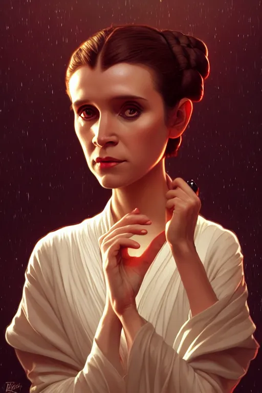 Prompt: a portrait of princess leia, fantasy, sharp focus, intricate, elegant, digital painting, artstation, matte, highly detailed, concept art, illustration, ambient lighting, art by ilya kuvshinov, artgerm, alphonse mucha, and greg rutkowski