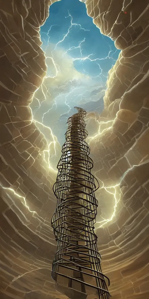 Image similar to a spiral upside - down edgy staircase to heaven, storm, lightnings, highly detailed, sharp focus, matte painting, by rhads, artgerm, isaac levitan and asher brown durand,