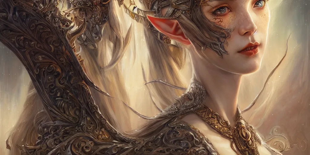 Image similar to a portrait of a female elf sorceress by karol bak and jia ruan, beautiful detailed eyes, cute, fantasy, intricate, elegant, highly detailed, digital painting, 4 k, hdr, concept art, detailed jewelry, smooth, sharp focus, illustration, art by artgerm