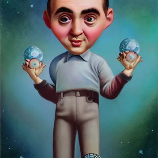 Prompt: a cute gomer pyle holds the universe in his hand, an ultrafine detailed painting by mark ryden, trending on deviantart, pop surrealism, whimsical, lowbrow, grotesque