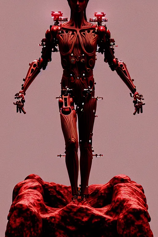 Image similar to high detailed forest a statue jesus on cross made of red marble, perfect symmetrical body, full body shot, inflateble shapes, white biomechanical details, wearing epic bionic cyborg implants, masterpiece, intricate, biopunk, vogue, highly detailed, artstation, concept art, cyberpunk, octane render