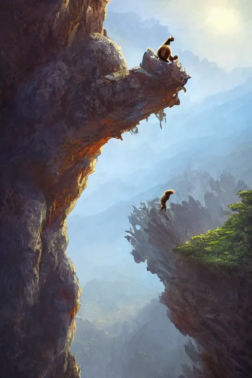 Image similar to a monkey standing at the top of a cliff throwing a bone in the air , dramatic lighting, cinematic, establishing shot, extremly high detail, photorealistic, cinematic lighting, artstation, style by James Gurney