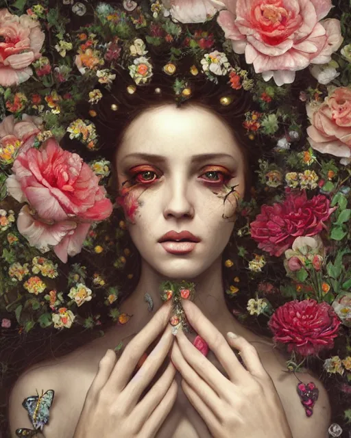 Image similar to portrait of the spanish queen of the underworld, surrounded by flowers by karol bak, james jean, tom bagshaw, rococo, sharp focus, trending on artstation, cinematic lighting, hyper realism, octane render, 8 k, hyper detailed.