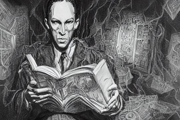 Image similar to “ a extremely detailed stunning portraits of hp lovecraft reading necronomicon by allen william on artstation ”