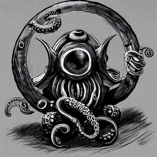 Prompt: Eyeless orb monster with many ears, tentacles holding guns, D&D, high quality, trending on artlist