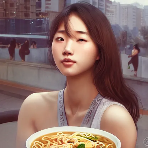 Prompt: a korean bodybuilder college student, eating ramen, bokeh, beautiful face!!!!, 2 3 years old, cg animation, lifelike, animated, realistic, character select portrait, by artgerm, greg rutkowski, alphonse mucha, 3 d