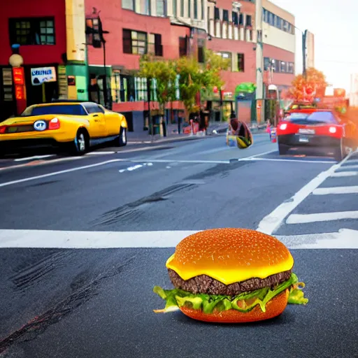 Prompt: a cheeseburger crossing the street