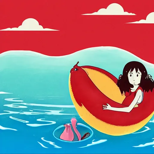 Prompt: half opened red banana floating in a pool of kool - aid with a studio ghibli art style