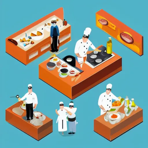 Prompt: isometric flat art of a chef cooking in the kitchen