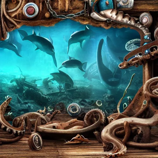 Prompt: vintage viking shipwreck surrounded by sharks and octopus, photorealistic, ultra-detailed, 4k high resolution, HDR shot, cinematic lighting