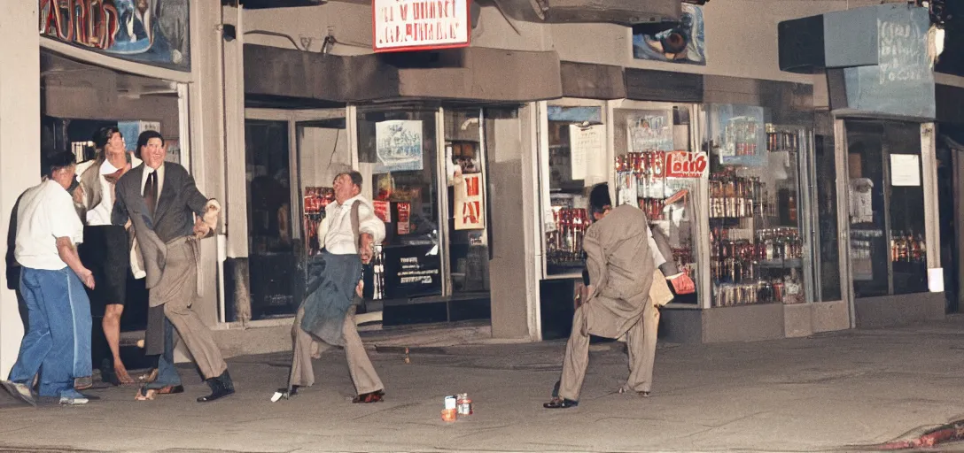 Prompt: Ronald Reagan crawling to the liquor store drunk, cinematic lighting, people throwing change on the sidewalk,